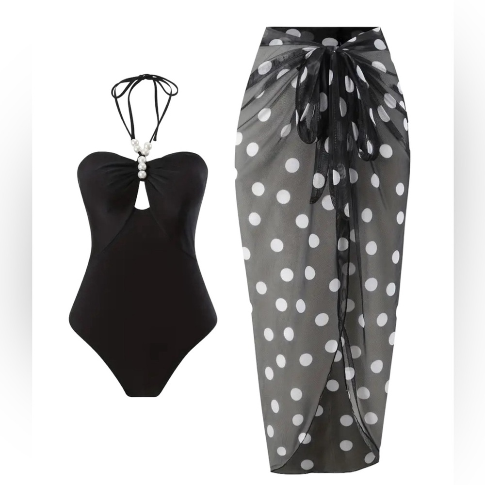 NWT AD Beads Halter Hollow Out One-piece Bathing-suit & Polka Dots Coverup